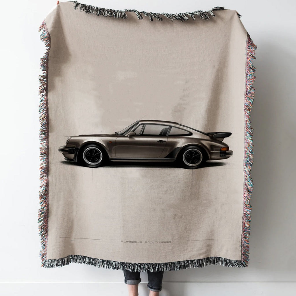 Porsche 911 Turbo Drawing Woven Tapestry Throw Blanket with Fringe