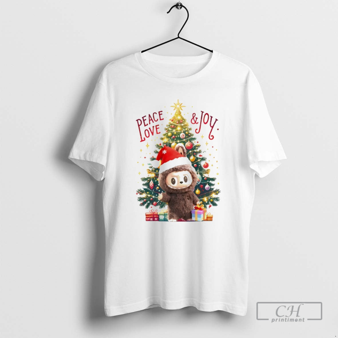 Premium Festive Labubu Peace Love Joy Cartoon Christmas Tree Shirt Sweater