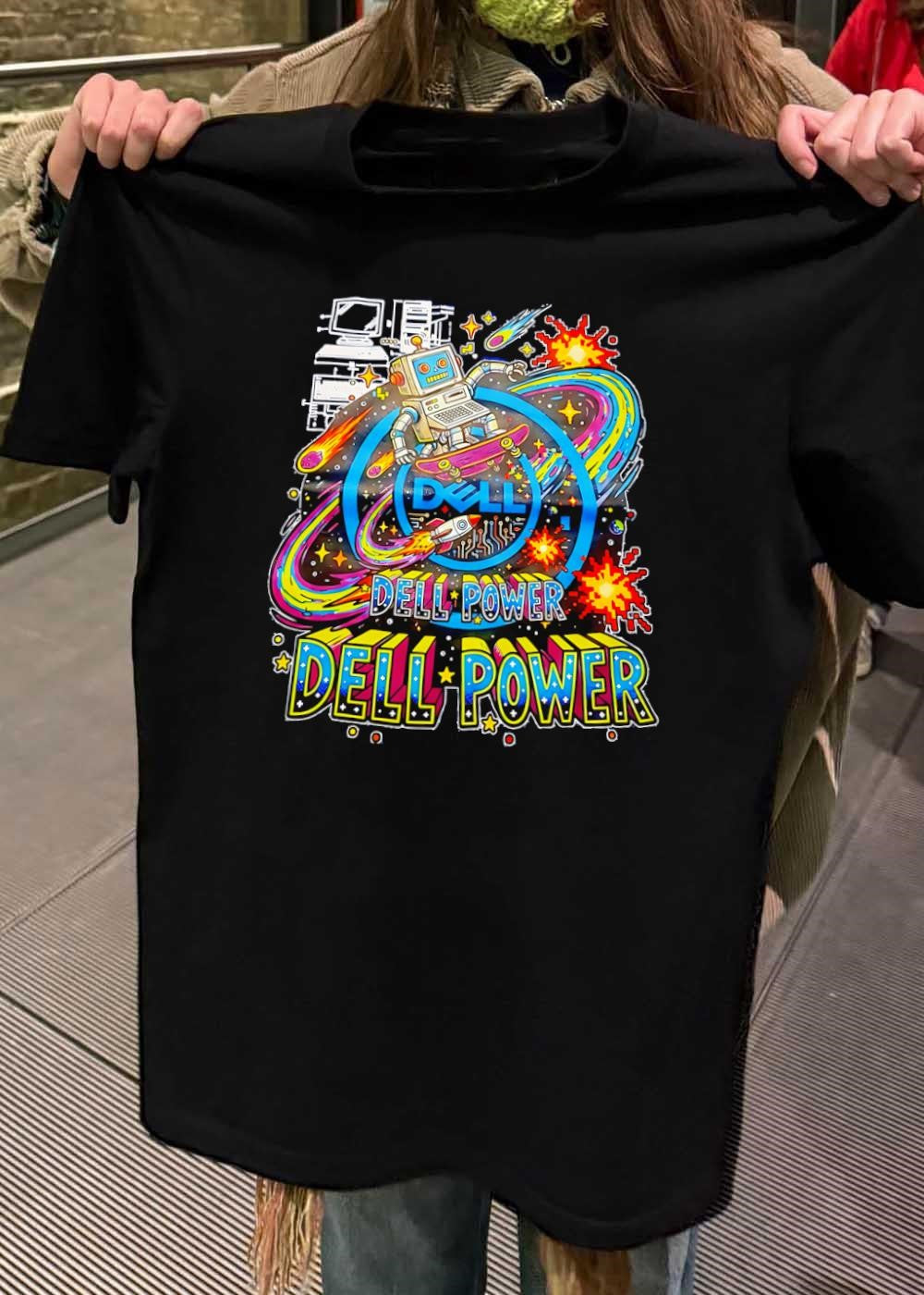 Retro Computer Robot Skateboarding in Space Dell Power T-Shirt