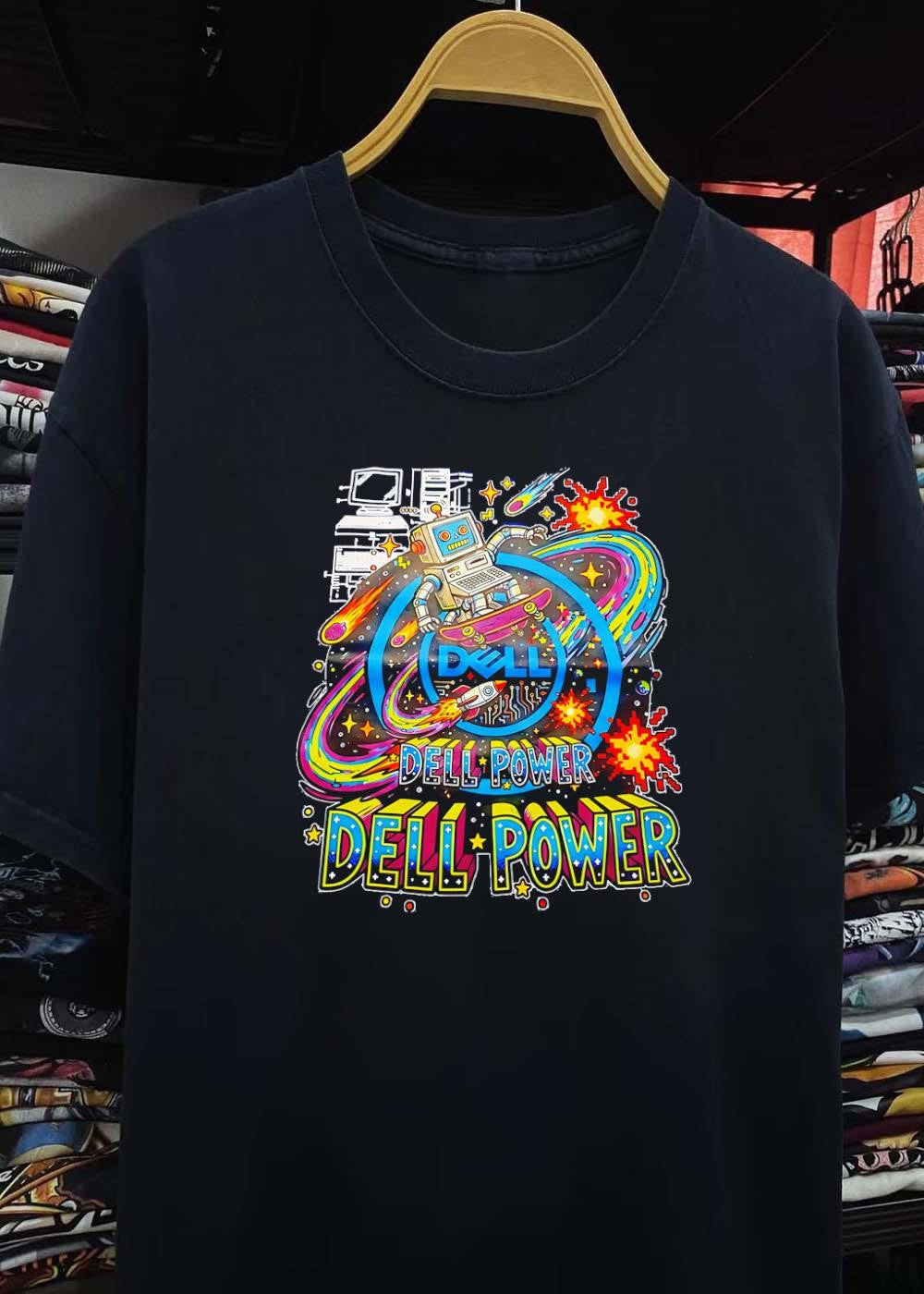 Retro Computer Robot Skateboarding in Space Dell Power T-Shirt