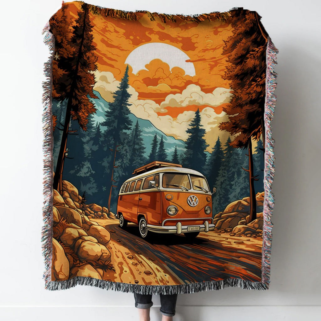 Retro VW Bus Mountain Ride Woven Tapestry Throw Blanket with Fringe