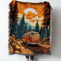 Retro VW Bus Mountain Ride Woven Tapestry Throw Blanket with Fringe