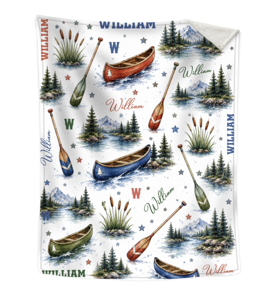 Personalized Canoe Blanket, Custom Name Camping Blanket for Kids & Adults, Watercolor Lake House Decor, Outdoorsy Gift, Mountain Throw
