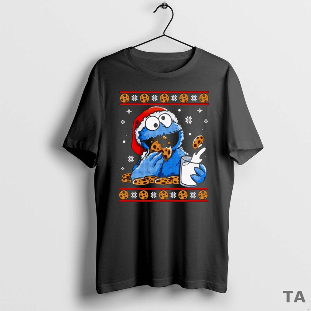 Top Santa Hat Cookie Monster Ugly Christmas 2025 T Shirt Sweater
