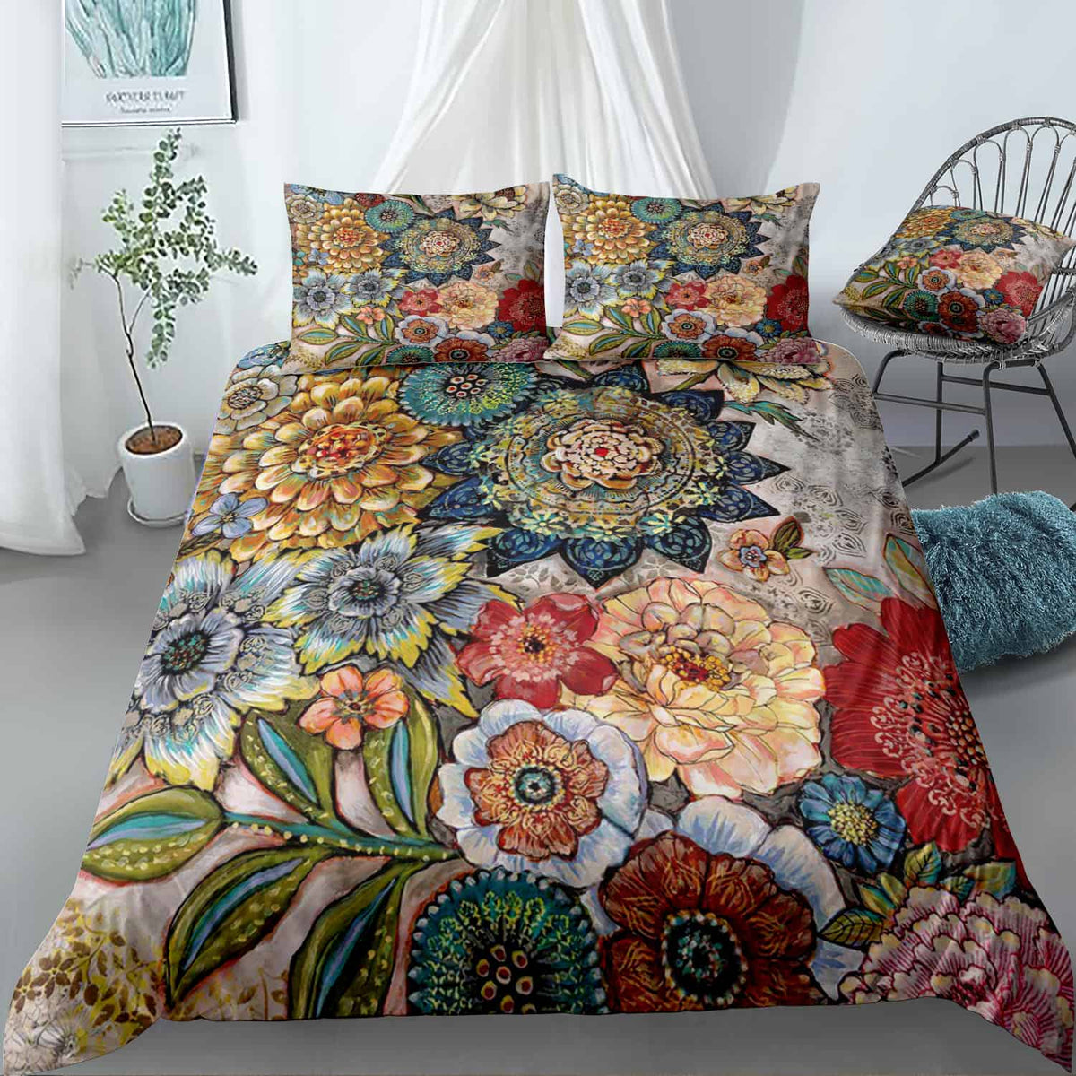 Boho Bouquet Flowers Bedding Set (Duvet Cover & Pillow Shams)