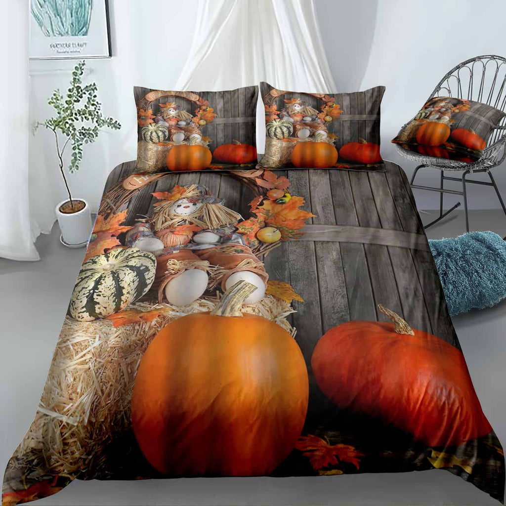 Rustic Wood Barn Fall Harvest Pumpkin Bedding Set (Duvet Cover & Pillow Shams)