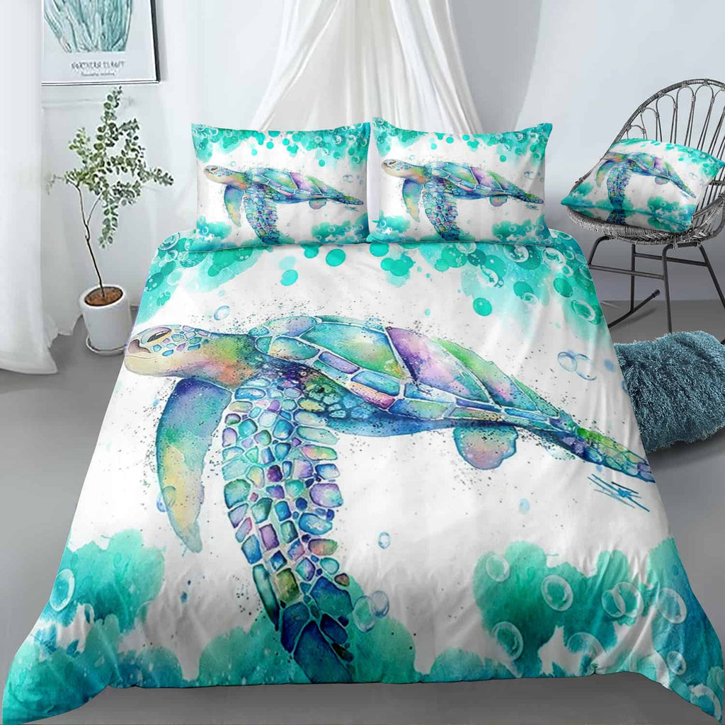 Watercolor Painted Sea Turtle Bubbles Bedding Set (Duvet Cover & Pillow Shams)
