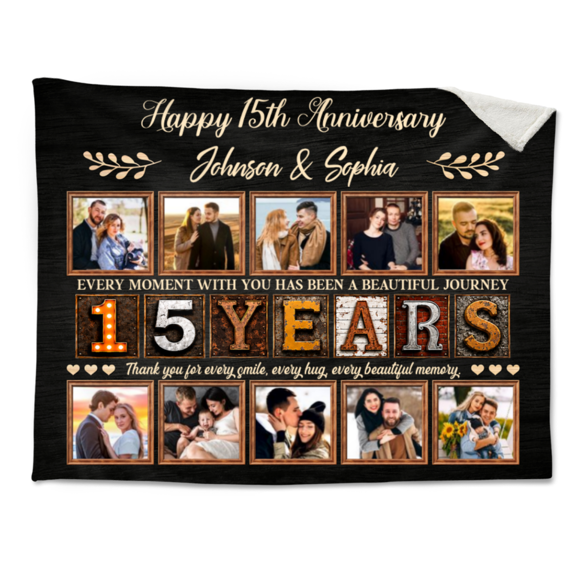 Personalized 15th Anniversary Photo Collage Blanket, Custom 15 Years Together Gift, 15th Wedding Anniversary Blanket, Couple Memory Keepsake
