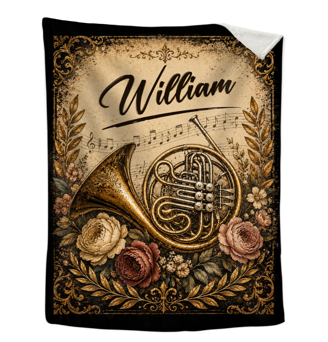 Personalized French Horn Blanket, Custom Name French Horn Player Gift, Musician Throw Blanket, Orchestra Music Lover Gift, Vintage Floral Decor