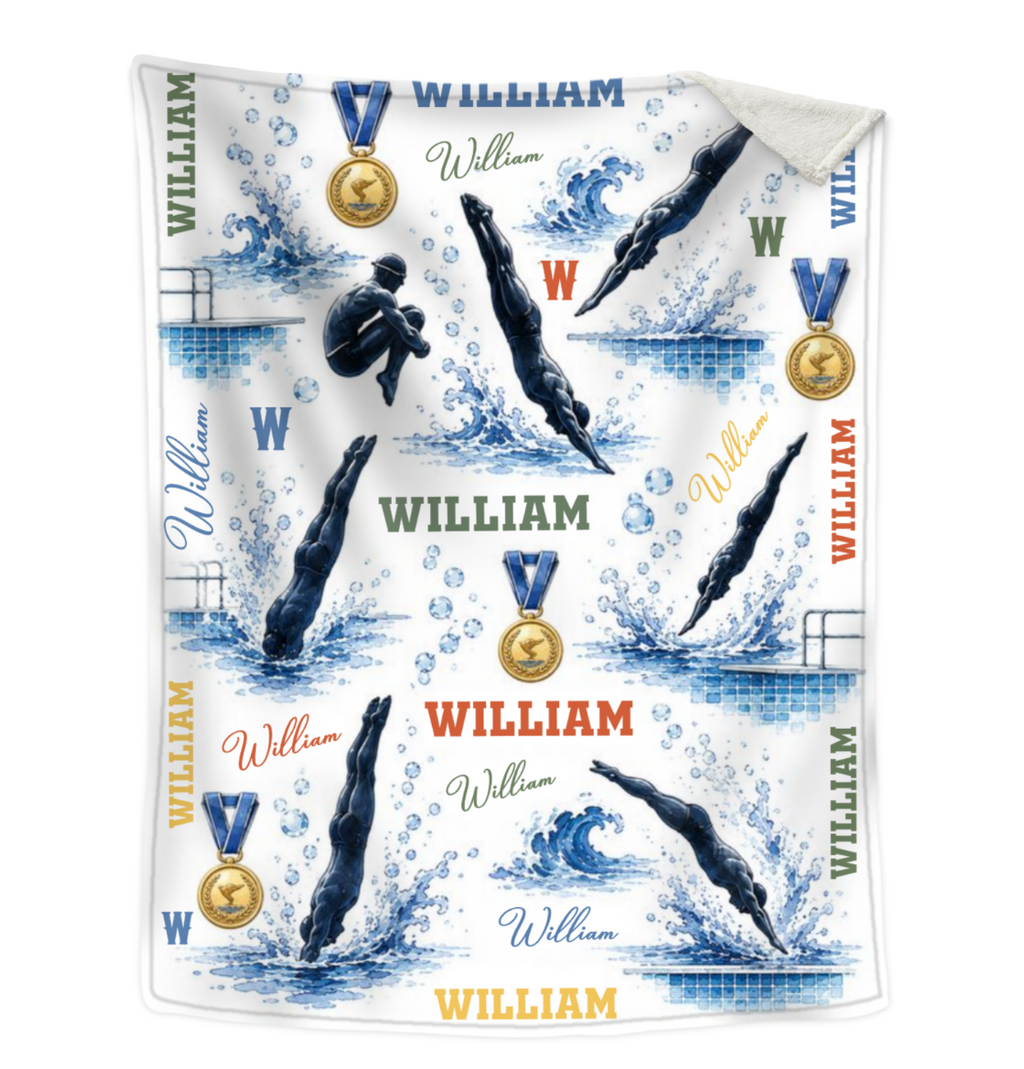 Personalized Diving Blanket, Custom Swimmer Diver Throw, Diving Board Sports Gift for Him, Custom Name Platform Diver Sherpa Blanket