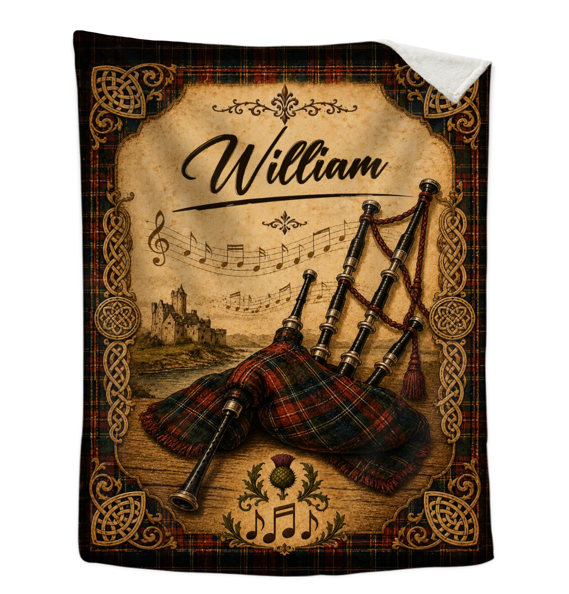 Personalized Bagpipe Blanket, Custom Name Bagpiper Gift, Scottish Bagpipes Blanket, Scotland Music Lover Gift, Celtic Highland Decor