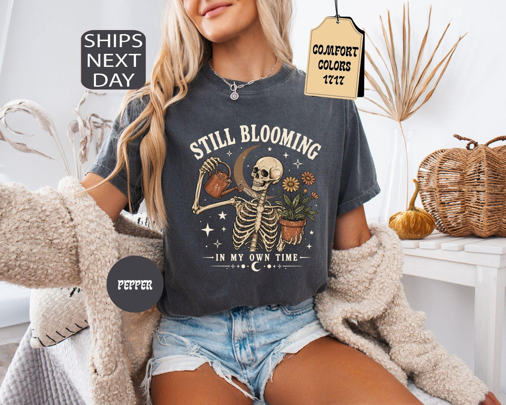 Comfort Colors Still Blooming Skeleton Halloween Mental Health Positivity Tee (4)