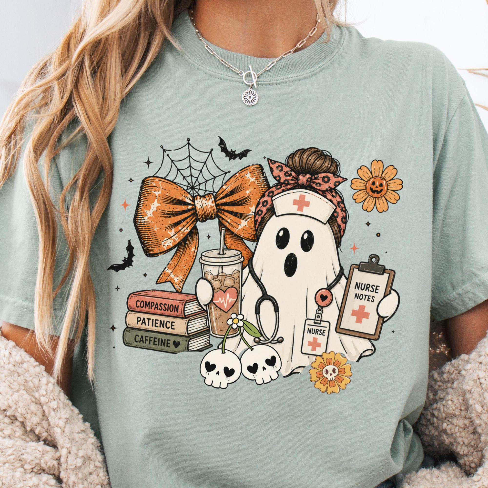 Nurse Halloween Ghost Nurse Bow Collage Tee Spooky Nursing Fall Nurses (2)