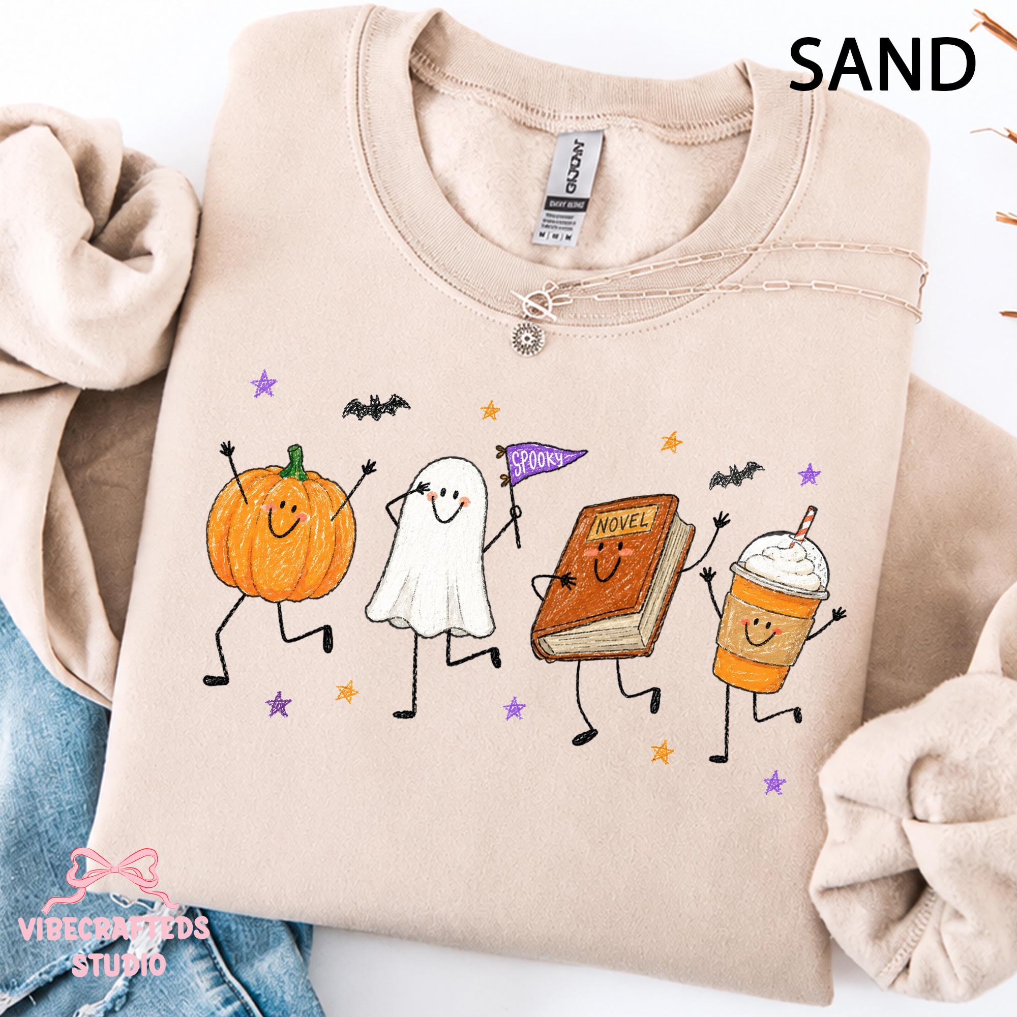 Halloween Doodles Smiling Pumpkin Ghost Book Coffee Characters Fall Reader Fall Halloween Tee (2)