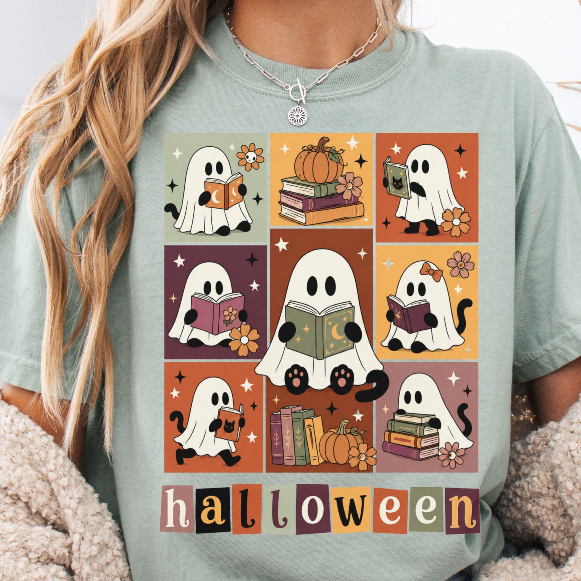 Bookish Halloween Ghost Cat Reading Tee Book Lover Halloween Librarian Teacher Fall Spooky Reader (1)