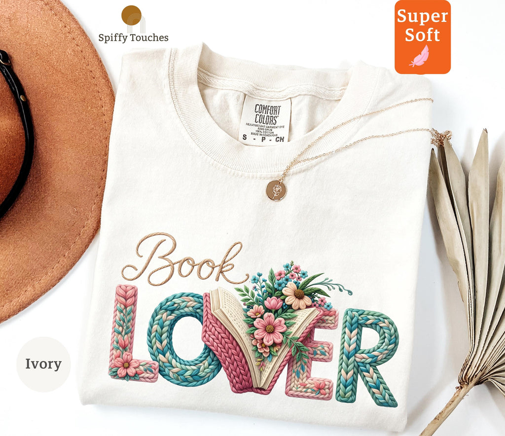 Book Lover Comfort Colors Floral Bookworm Reader Knitted Letters Tee Pastel Bookish Literary (1)