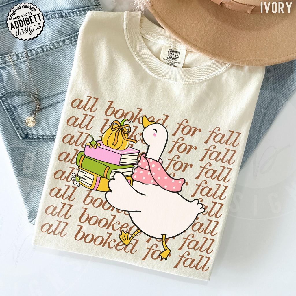 Comfort Colors Booked Fall Goose Cartoon Goose Fall Book Lover Tee (1)