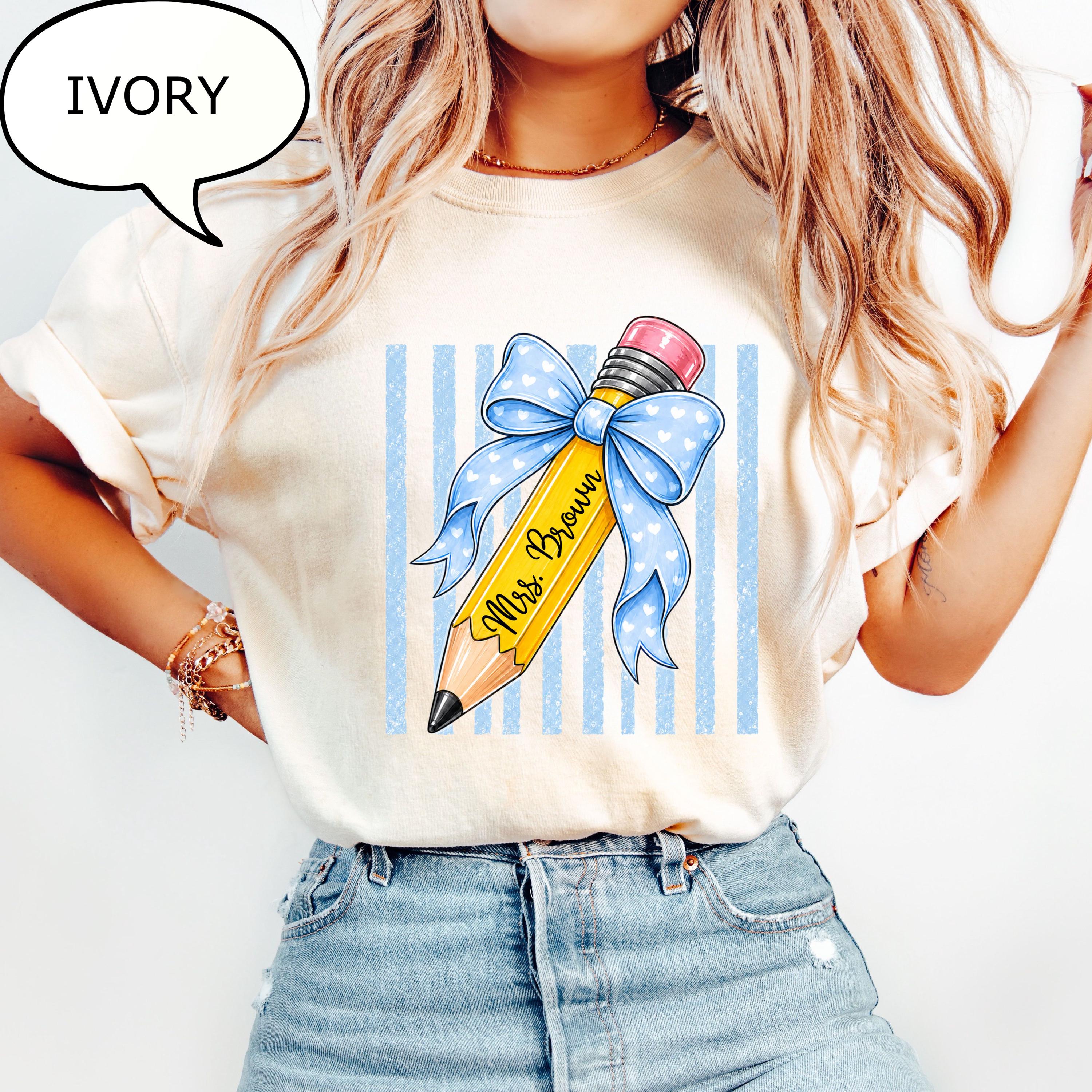 Comfort Colors Custom Teacher Name Pencil Coquette Bow Teacher Tee Personalized (4)