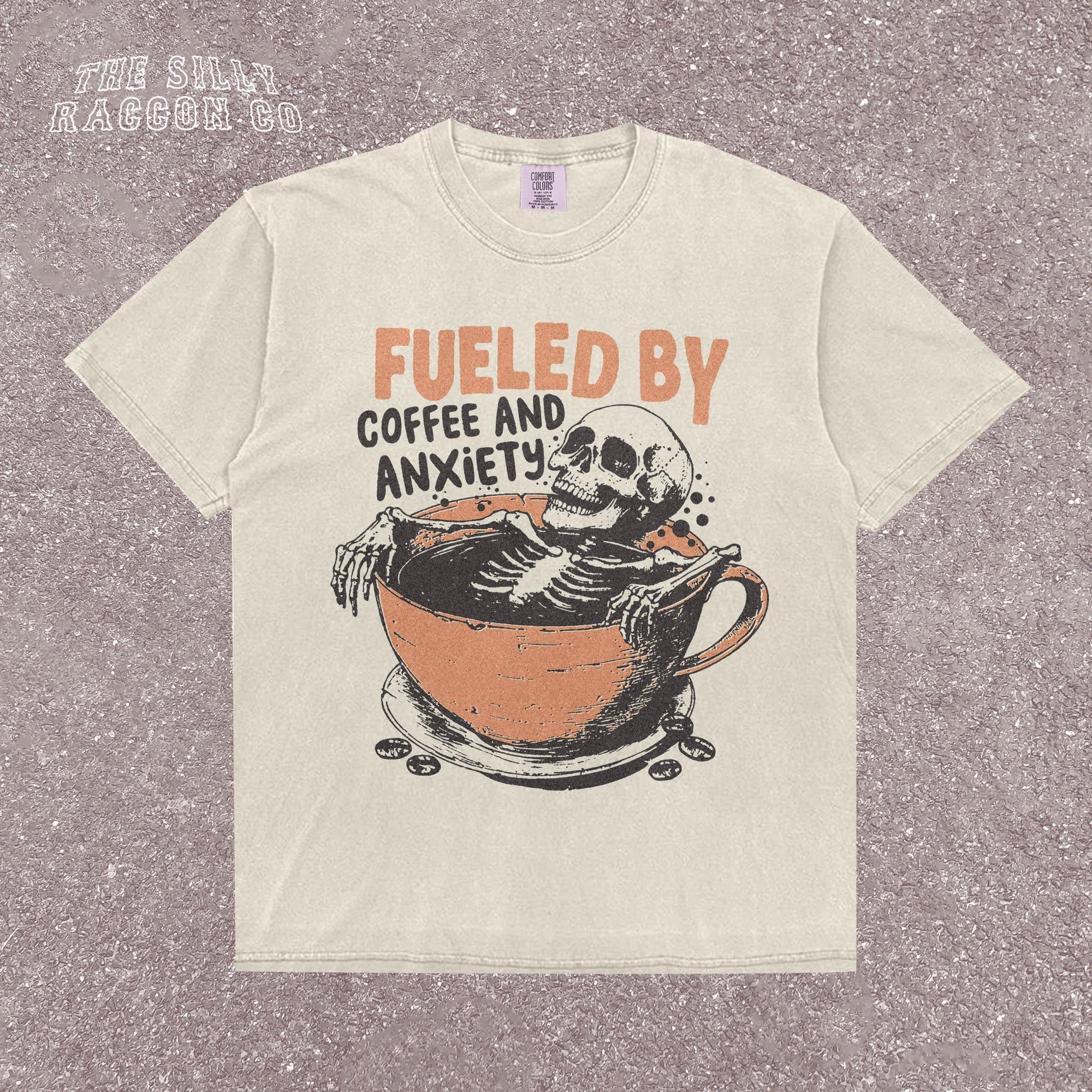 Fueled Coffee Anxiety Skeleton Coffee Tee Retro Skull Mental Health Humor Tee Vintage Skull (1)