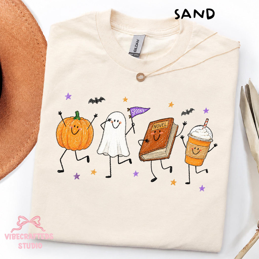 Halloween Doodles Smiling Pumpkin Ghost Book Coffee Characters Fall Reader Fall Halloween Tee (1)