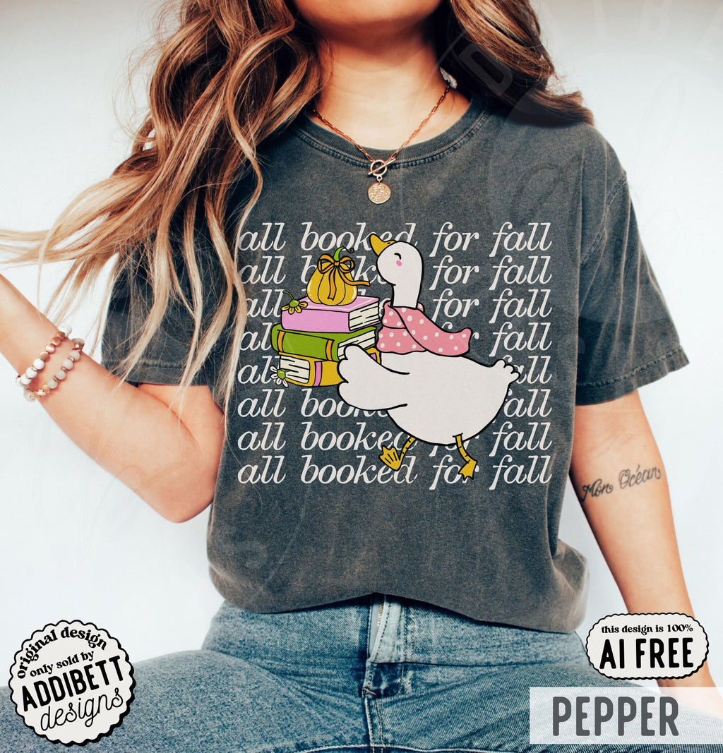 Comfort Colors Booked Fall Goose Cartoon Goose Fall Book Lover Tee (2)