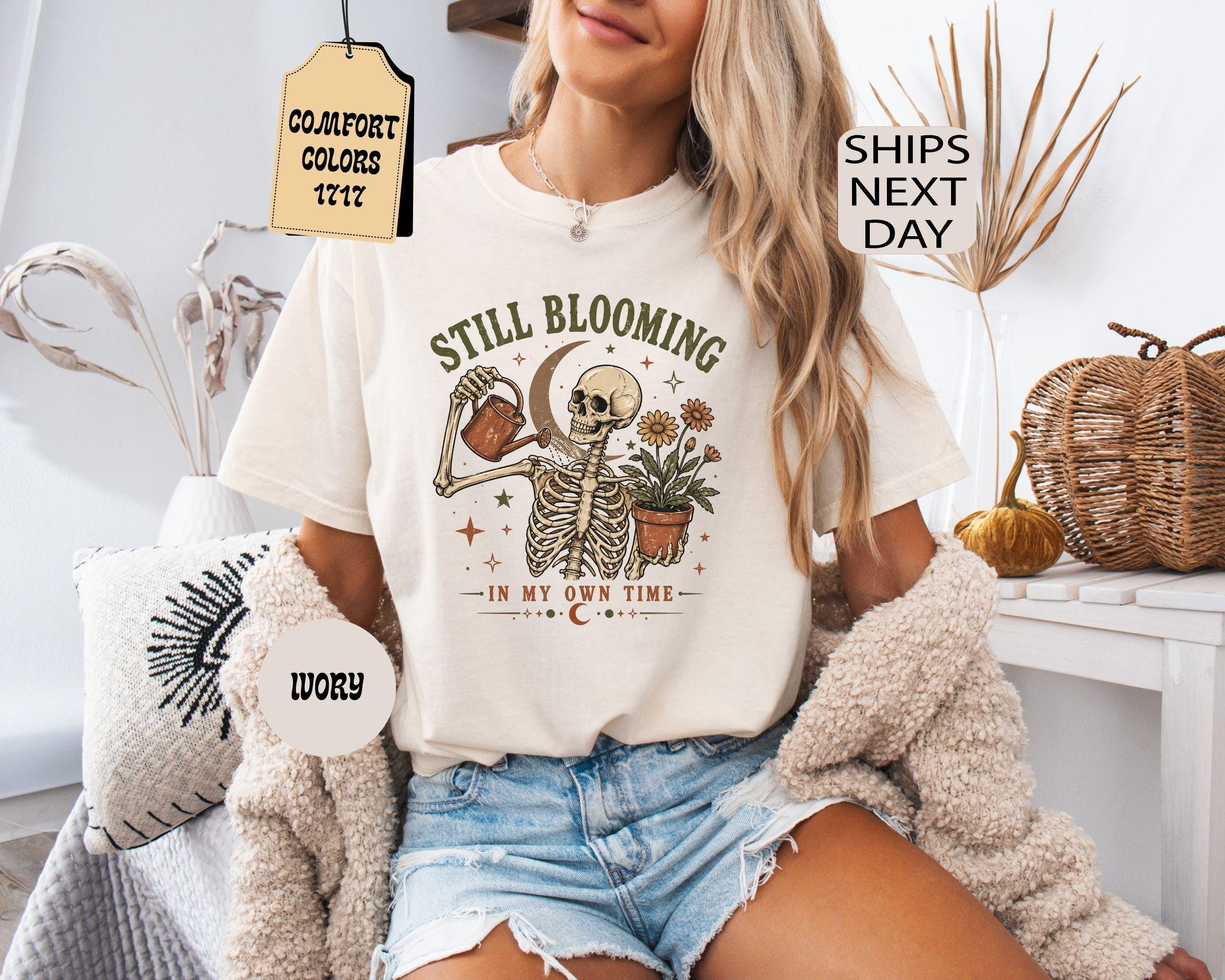 Comfort Colors Still Blooming Skeleton Halloween Mental Health Positivity Tee (1)