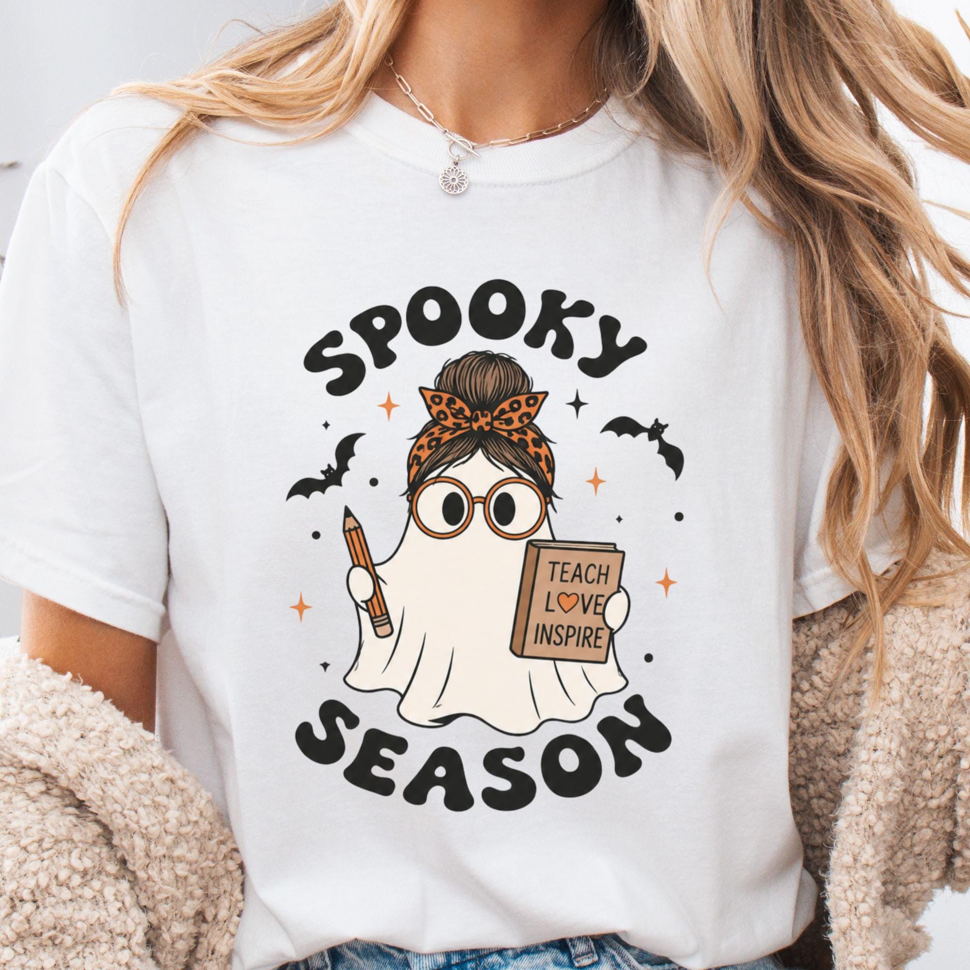 Spooky Season Teacher Ghost Teacher Halloween Tee Classroom Fall Educators (1)