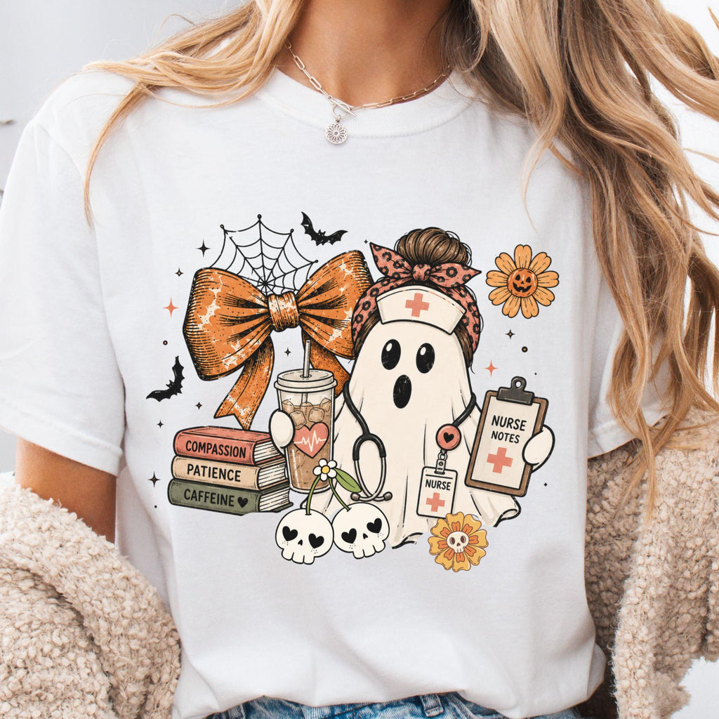 Nurse Halloween Ghost Nurse Bow Collage Tee Spooky Nursing Fall Nurses (1)