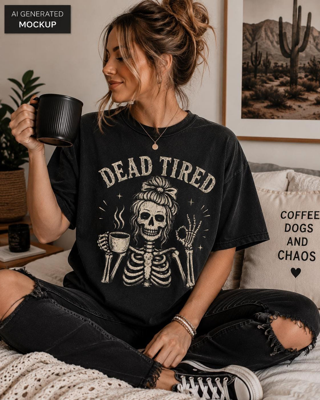 Dead Tired Skeleton Comfort Colors Sarcastic Mental Health Messy Bun Skeleton Skeleton (1)