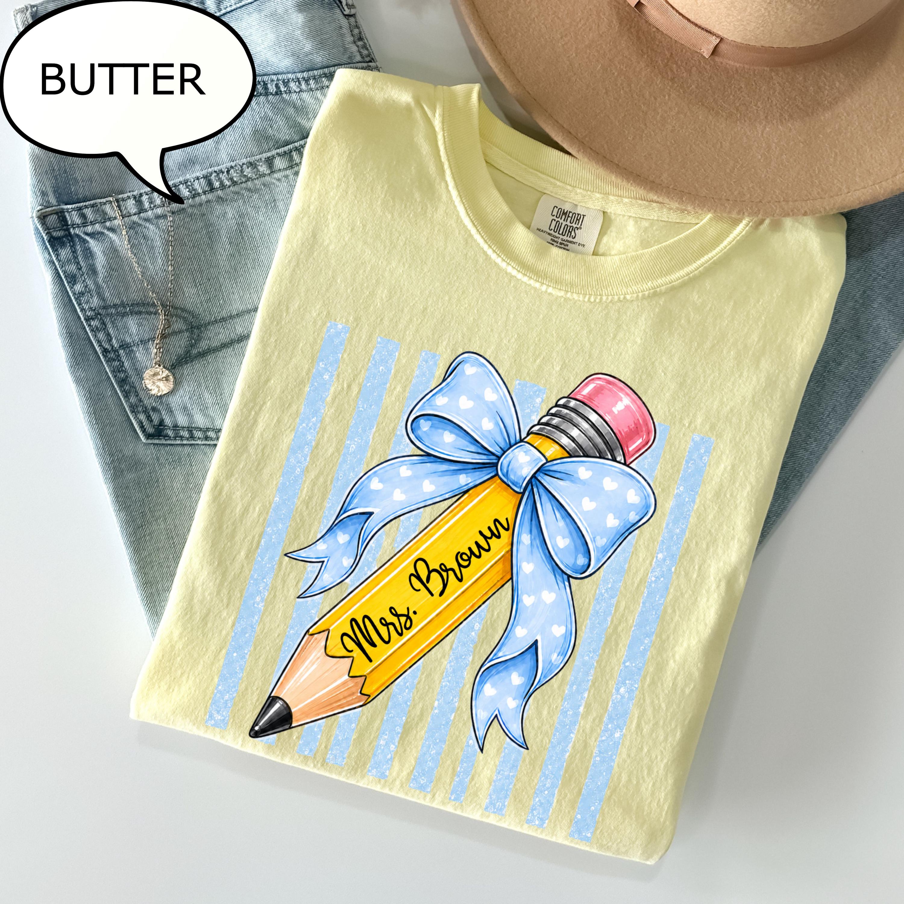 Comfort Colors Custom Teacher Name Pencil Coquette Bow Teacher Tee Personalized (3)