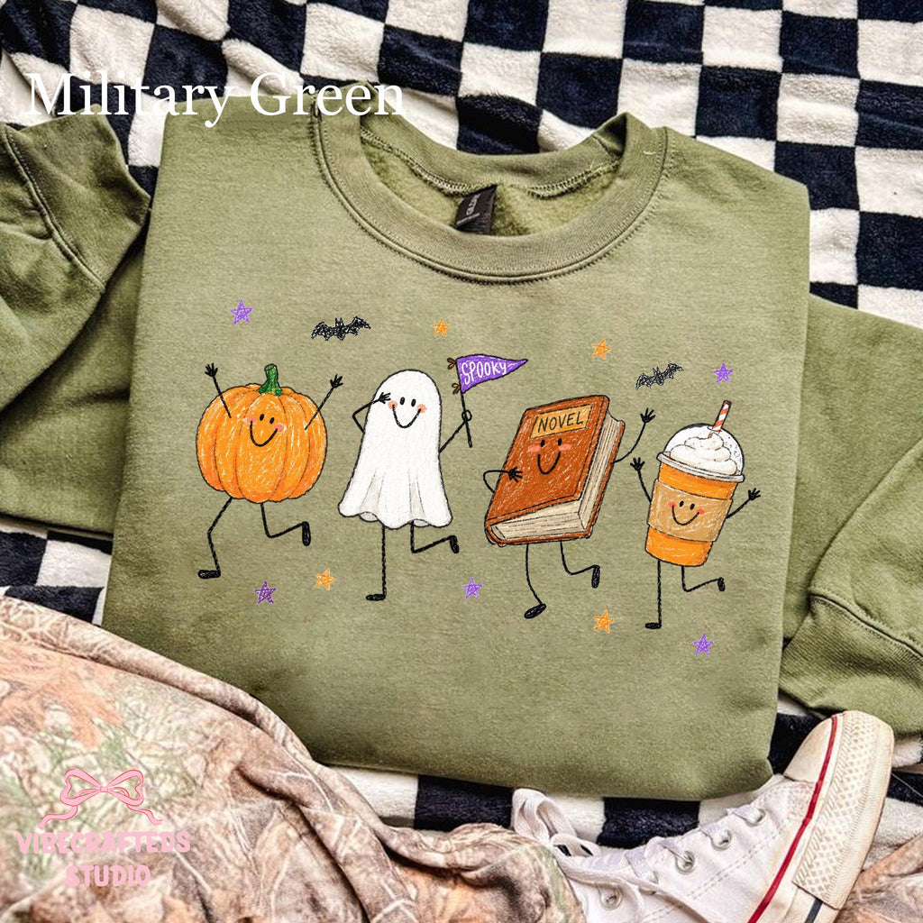 Halloween Doodles Smiling Pumpkin Ghost Book Coffee Characters Fall Reader Fall Halloween Tee (4)