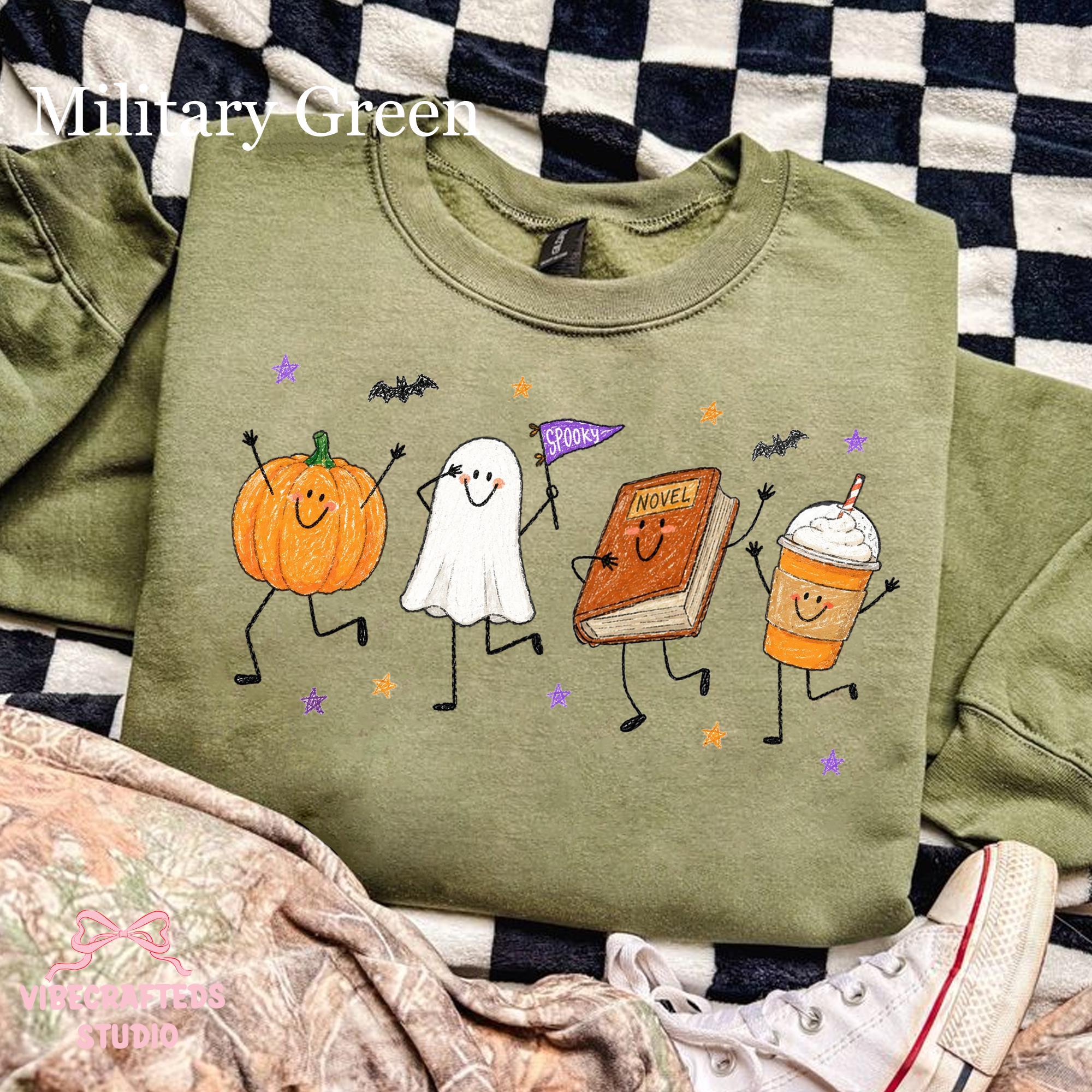 Halloween Doodles Smiling Pumpkin Ghost Book Coffee Characters Fall Reader Fall Halloween Tee (4)