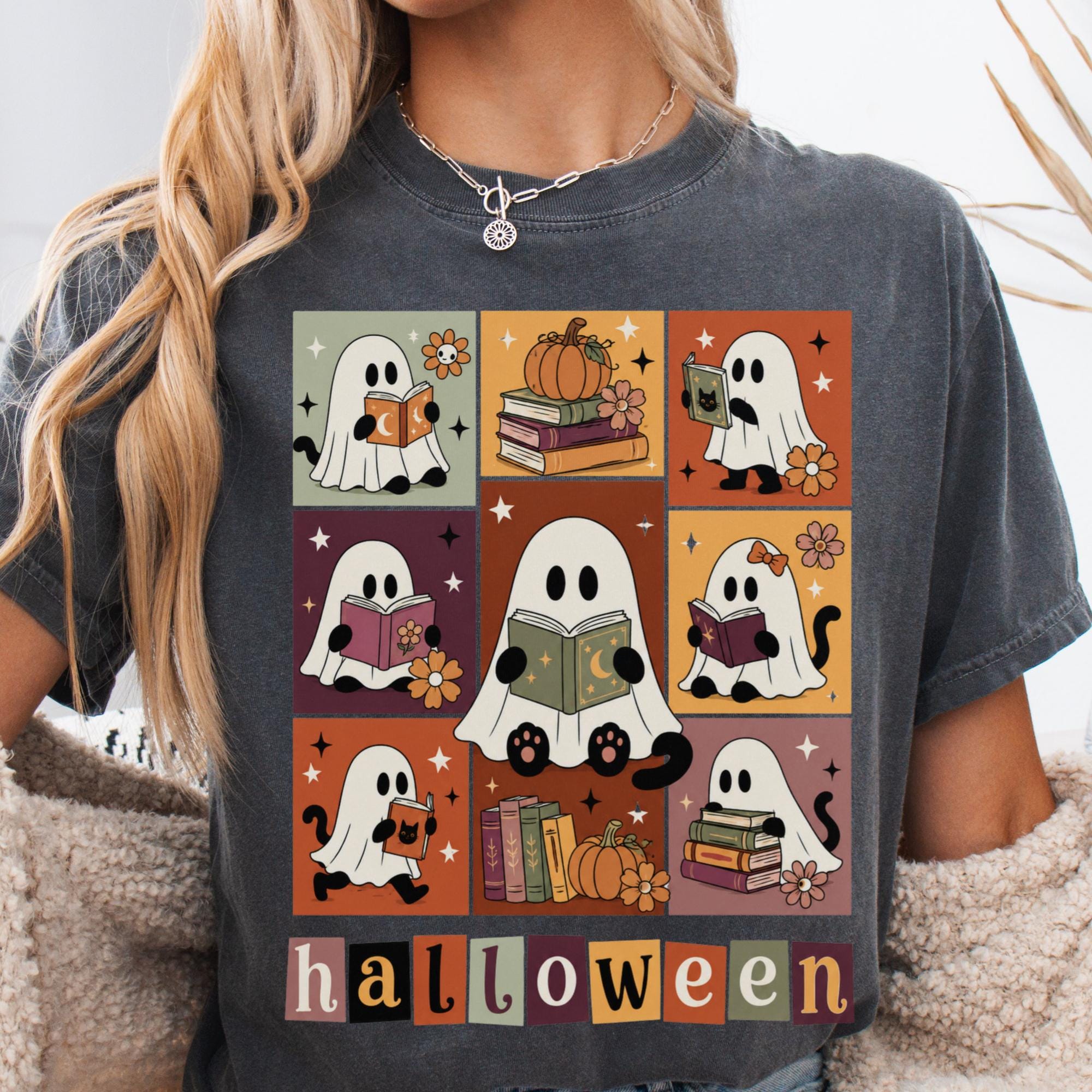 Bookish Halloween Ghost Cat Reading Tee Book Lover Halloween Librarian Teacher Fall Spooky Reader (2)