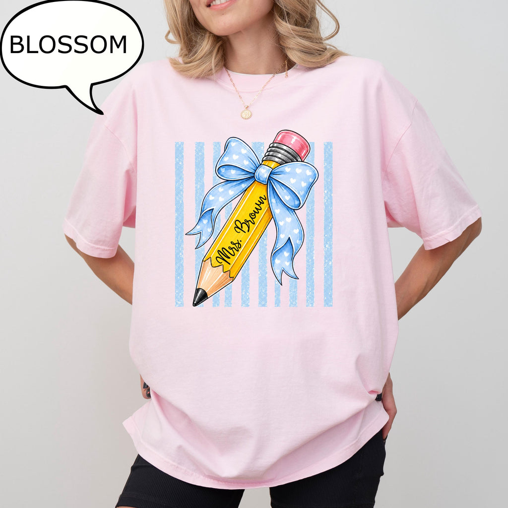 Comfort Colors Custom Teacher Name Pencil Coquette Bow Teacher Tee Personalized (2)