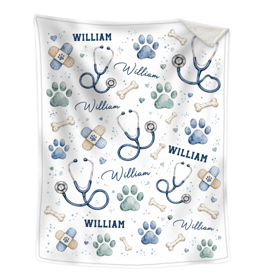 Personalized Veterinarian Blanket, Custom Vet Tech Gift, Watercolor Paw Print Stethoscope Throw, Vet Assistant Vet Tech Graduation Gift