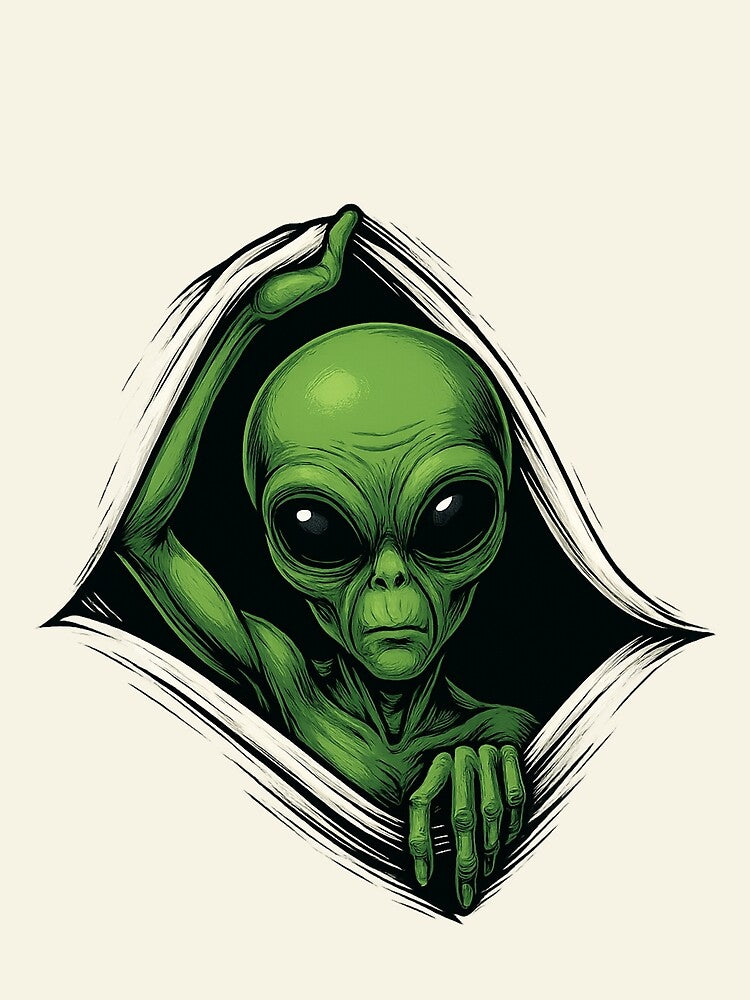 Green Alien Peeking Through Space – Creepy Sci-Fi Artwork by DamianRoy88