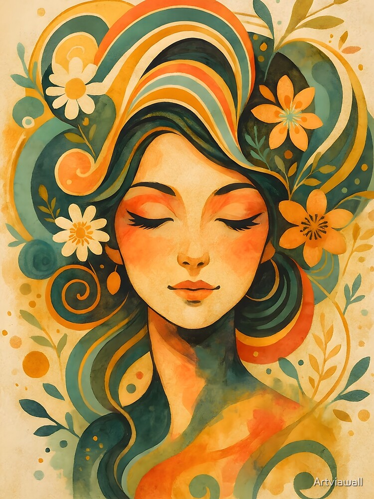 Boho Floral Woman Portrait Wall Art, Retro Hippie Aesthetic Illustration, Vintage Botanical Girl Art Print, Colorful Bohemian Female Face Decor by Artviawall