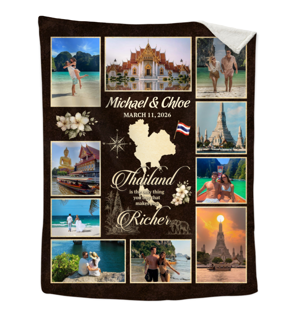 Personalized Thailand Travel Photo Blanket, Custom Vacation Memory Blanket, Couple Photo Gift, Honeymoon Keepsake, Anniversary Gift