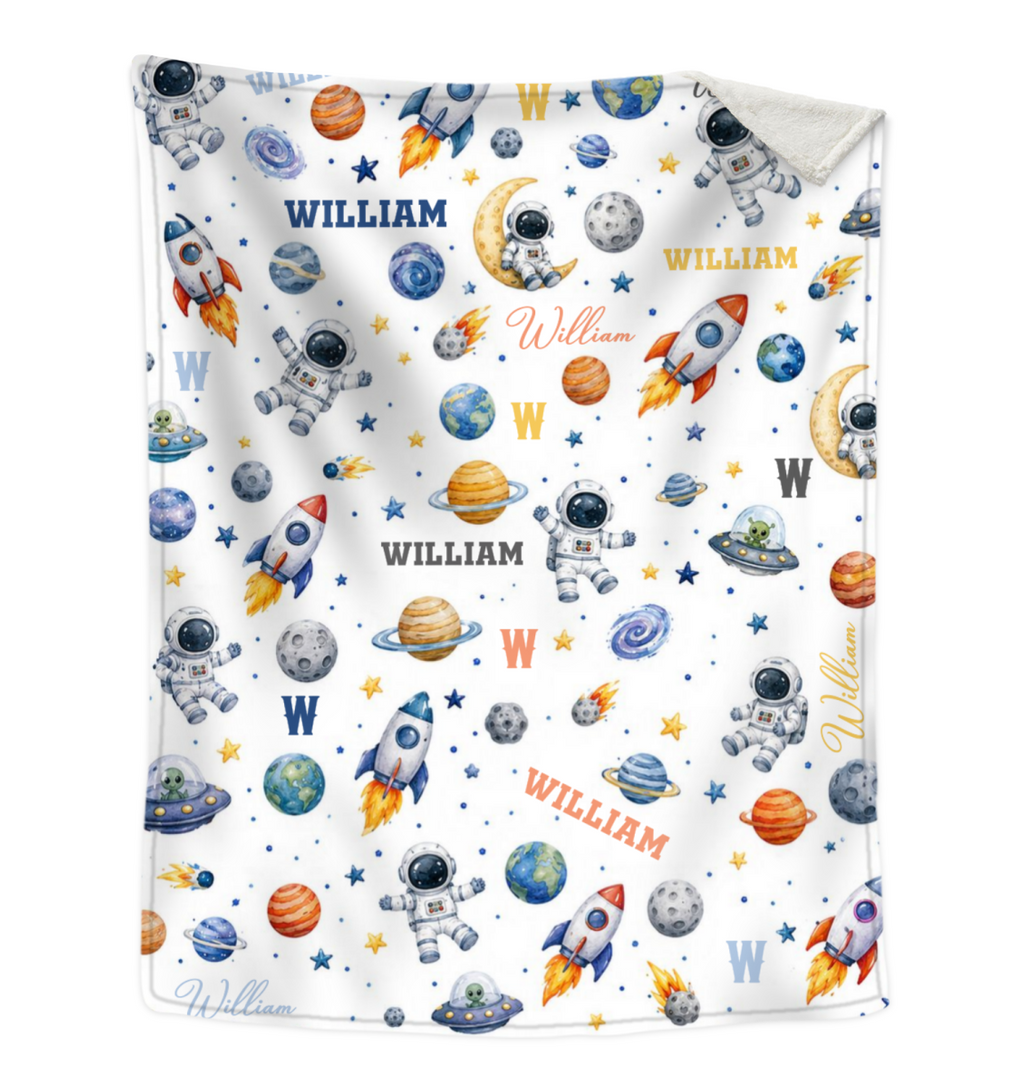 Personalized Space Baby Blanket with Name, Custom Astronaut Blanket for Boy, Rocket Ship Nursery Decor, Galaxy Swaddle