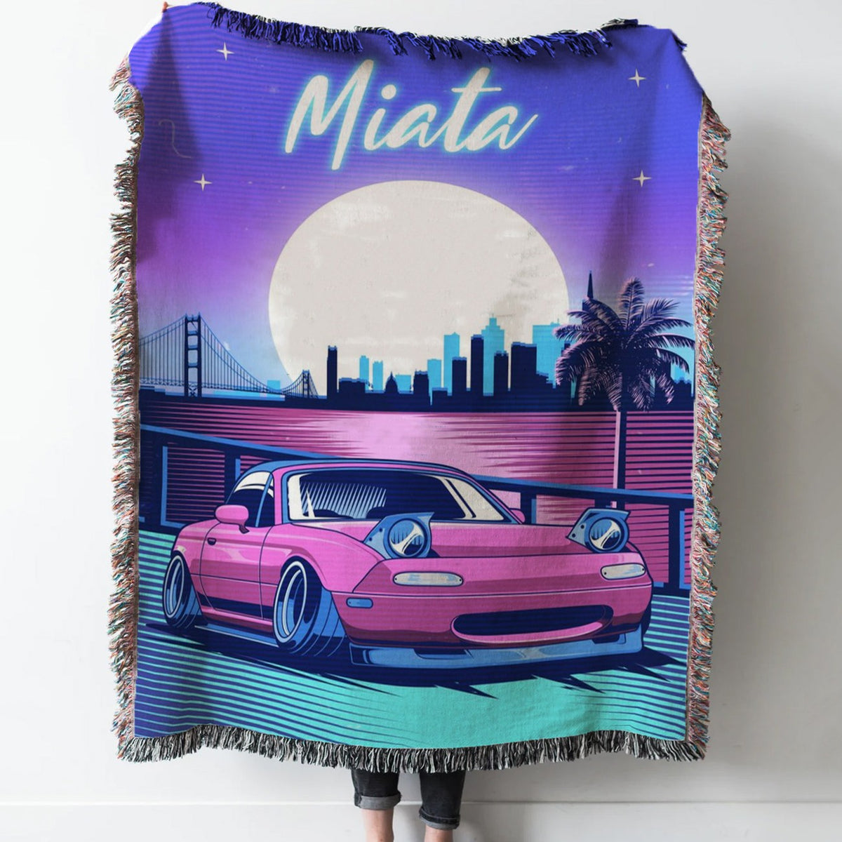 miata mx5 jdm synthwave Woven Tapestry Throw Blanket with Fringe