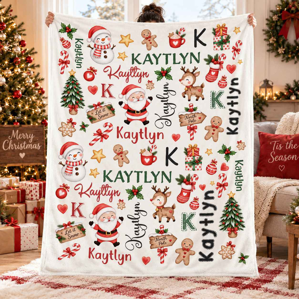 Personalized Christmas Baby Name Blanket, Santa Reindeer Snowman Blanket, Toddler Kids Christmas Blanket, Christmas Swaddle Blanket