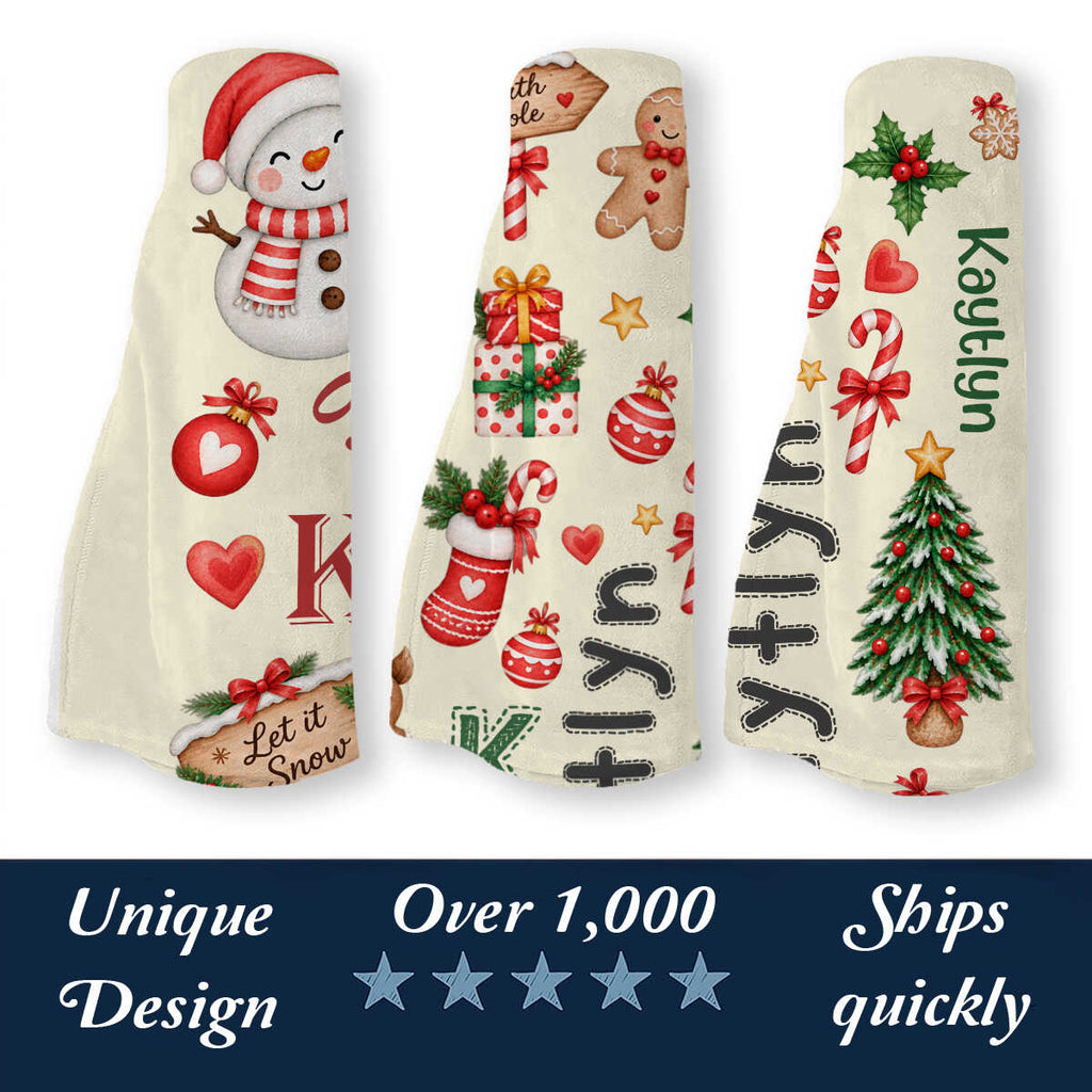 Personalized Christmas Baby Name Blanket, Santa Reindeer Snowman Blanket, Toddler Kids Christmas Blanket, Christmas Swaddle Blanket
