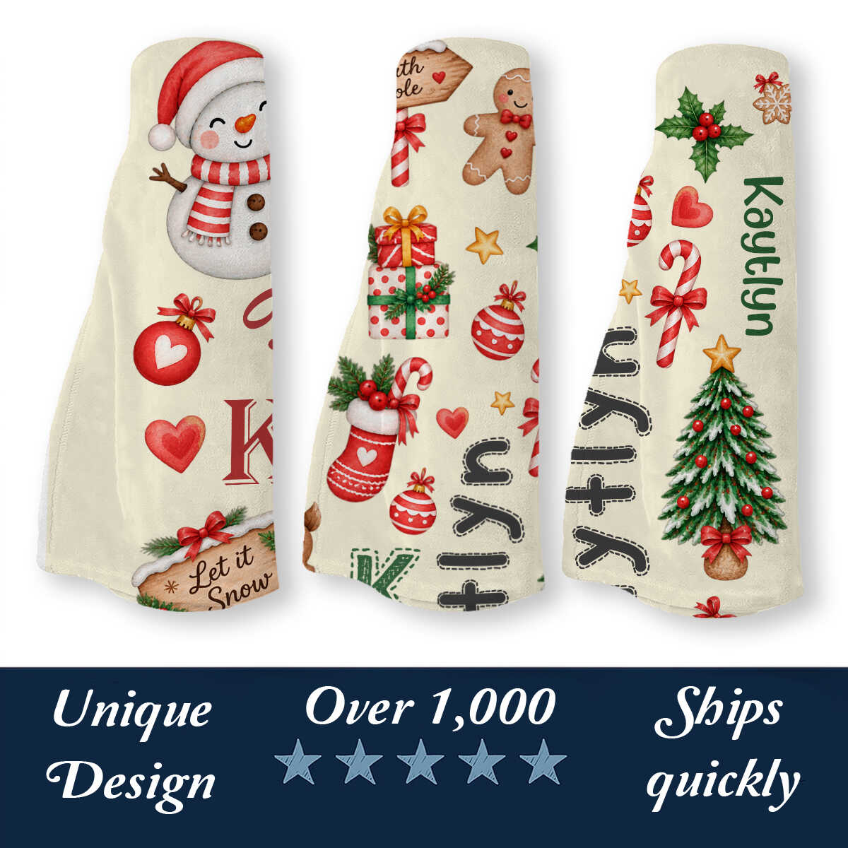 Personalized Christmas Baby Name Blanket, Santa Reindeer Snowman Blanket, Toddler Kids Christmas Blanket, Christmas Swaddle Blanket