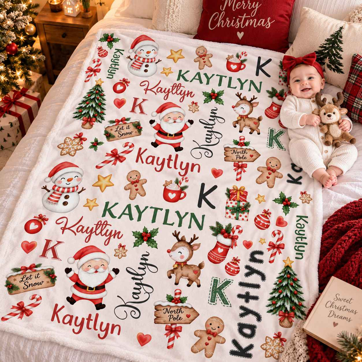 Personalized Christmas Baby Name Blanket, Santa Reindeer Snowman Blanket, Toddler Kids Christmas Blanket, Christmas Swaddle Blanket