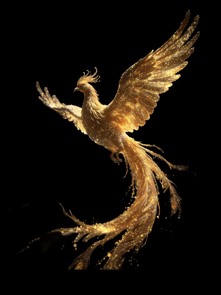 Golden Phoenix Rising" — Luxury Gold Mythical Bird Art Print | Glitter Phoenix Design | Premium Fantasy Wall Art & Merchandise Graphics by SketchSyndicate