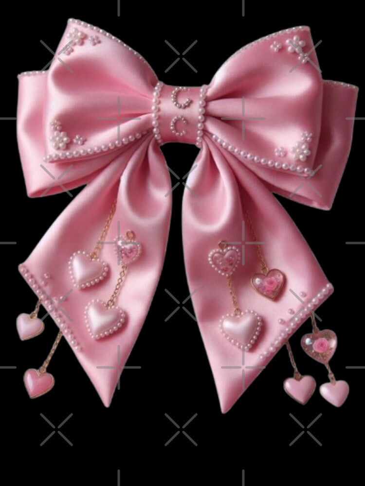Large elegant pink satin coquette bow with tiny pearls and dangling hearts, soft girl aesthetic by polo-designs