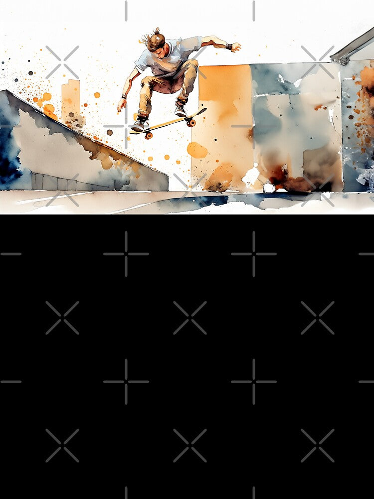 Skater mid-air against a vibrant cityscape, depicted in dynamic watercolor strokes by homydesign