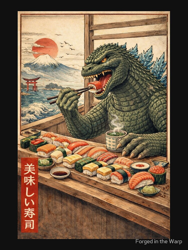 Godzilla Sushi – Japanese Woodblock Kaiju Art by Forged in the Warp