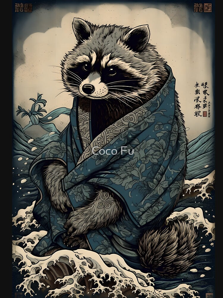 Raccoon and Waves - Traditional Japanese Ukiyoe Painting by Coco Fu
