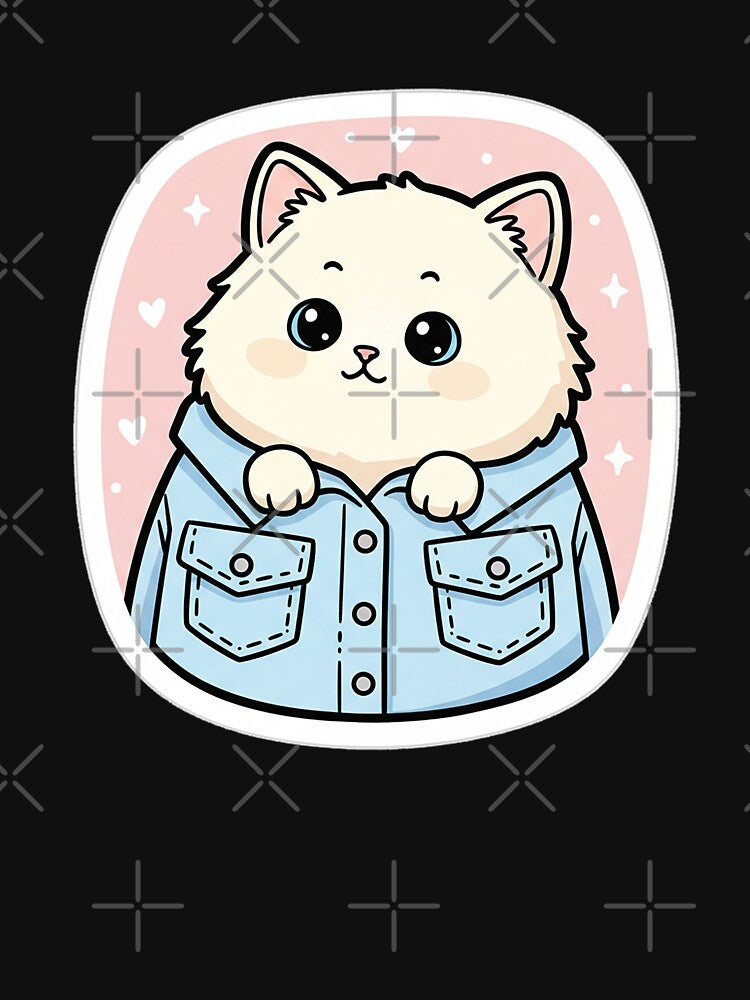 Cute Kawaii Kitten in Oversized Denim Jacket by Born to Flow